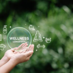 Hands holding wellness longevity bubble