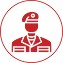 Red uniformed figure in circular emblem